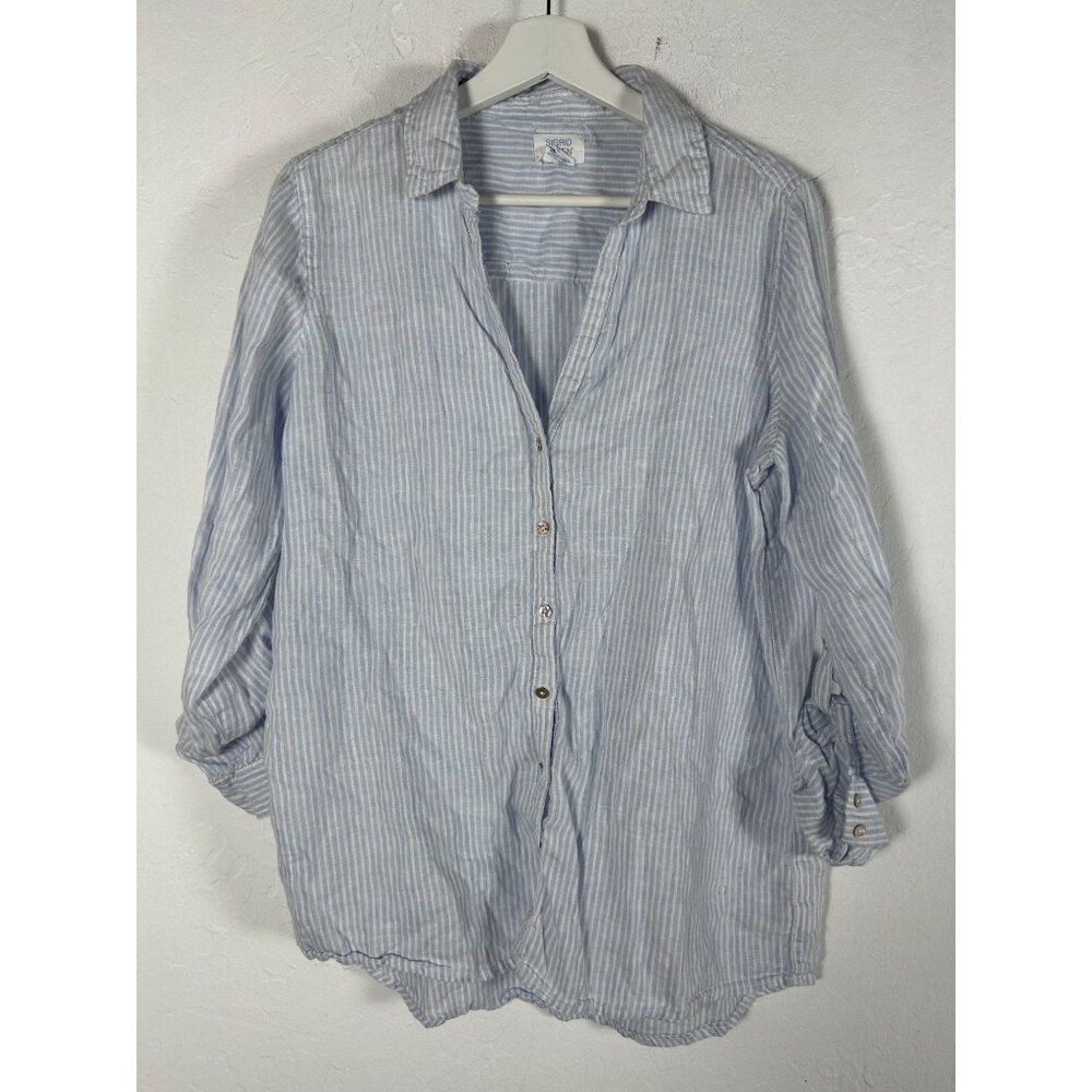 Sigrid Olsen Women Linen Blue White Striped Button-Down Shirt Medium Roll-Sleeve
